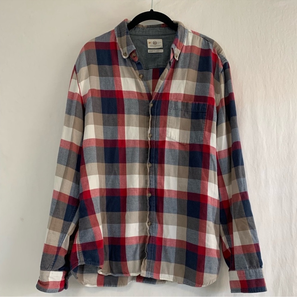 AG Adriano Goldschmied Men's Red Blue Flannel Long Sleeve Standard Fit Size L